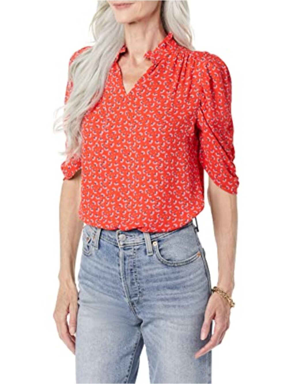 Georgette Half Sleeve Ruffle Neck Woven Blouse Relaxed Fit Button Closure